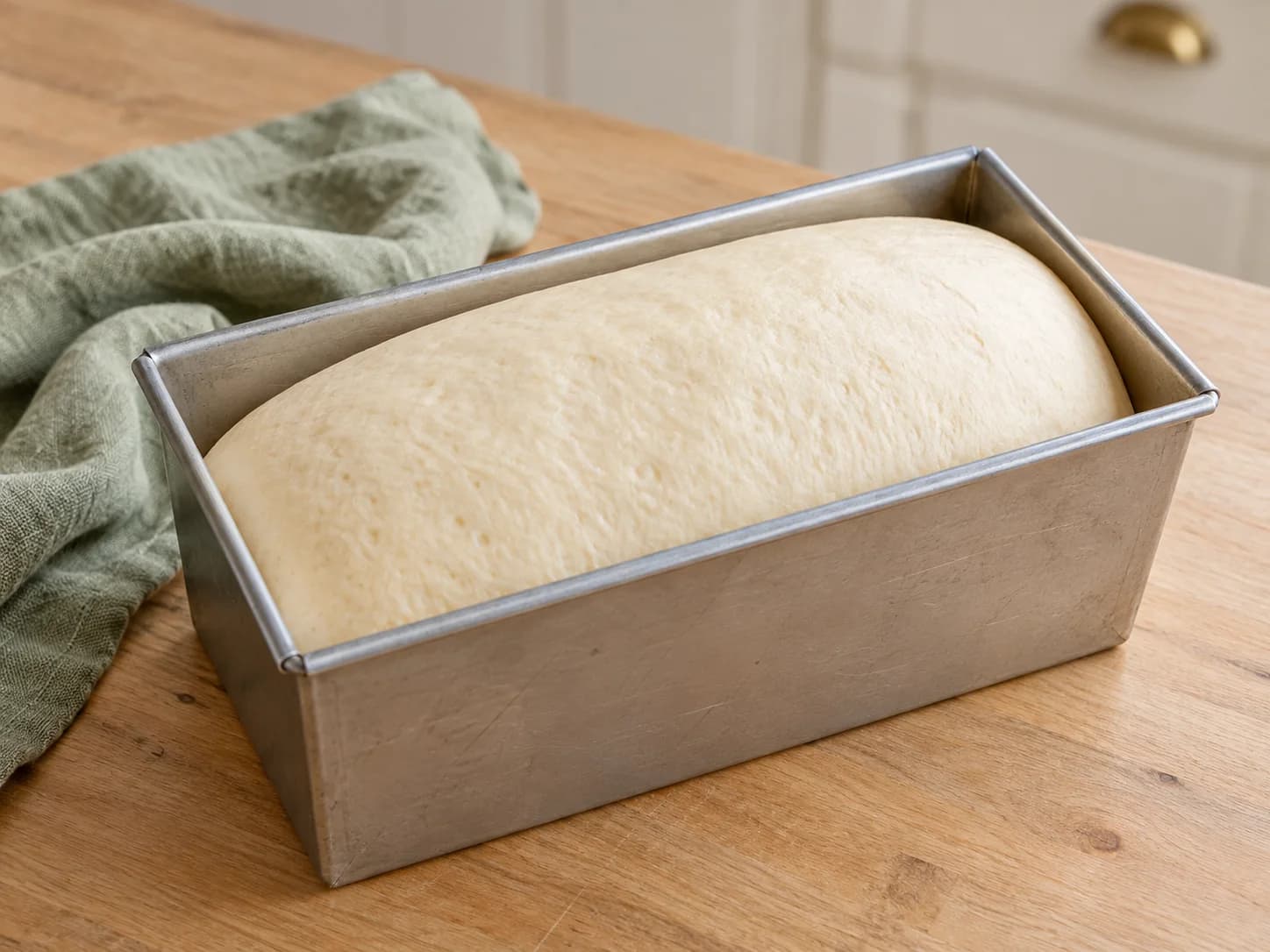 Masa fermentada con una superficie lisa y abombada justo por debajo del borde del molde abierto.