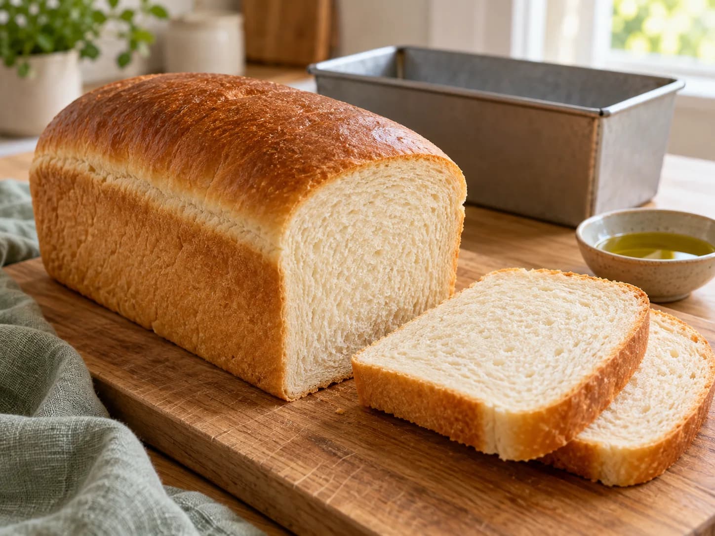 Un pan de molde dorado y dos rebanadas de miga blanca fina sobre una tabla de madera.