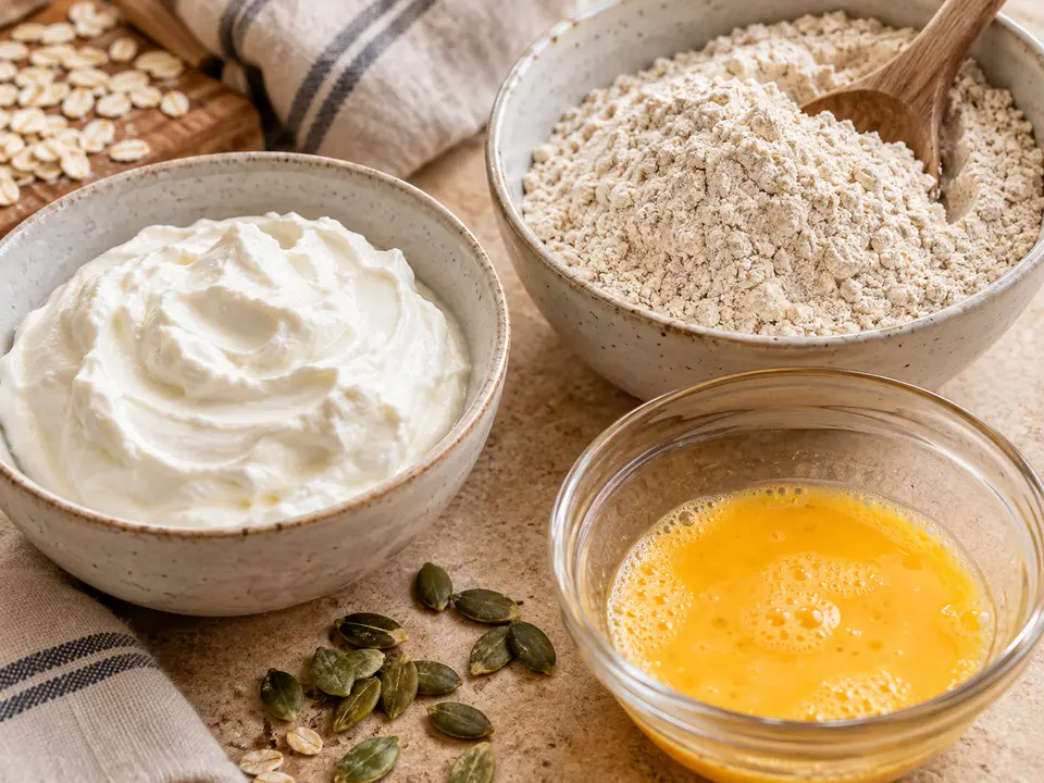 Quark, finely ground oats and beaten egg, with pumpkin seeds
