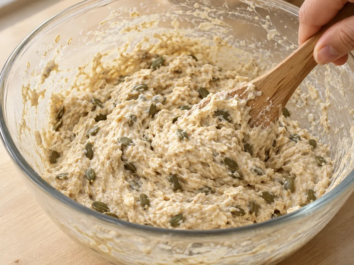 Oat-quark dough with pumpkin seeds being mixed with a spatula in a glass bowl.