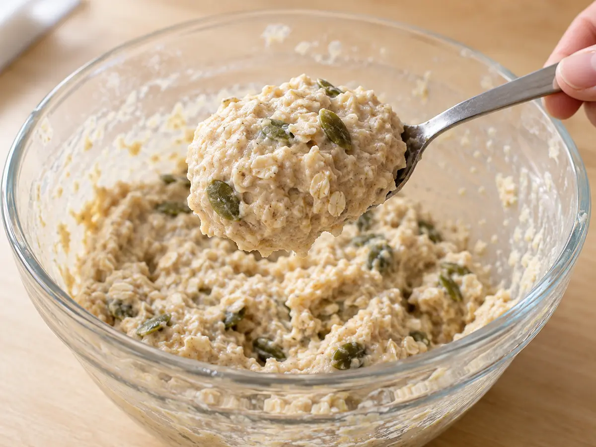 The rested oat-quark dough holds as a thick mound on a spoon.