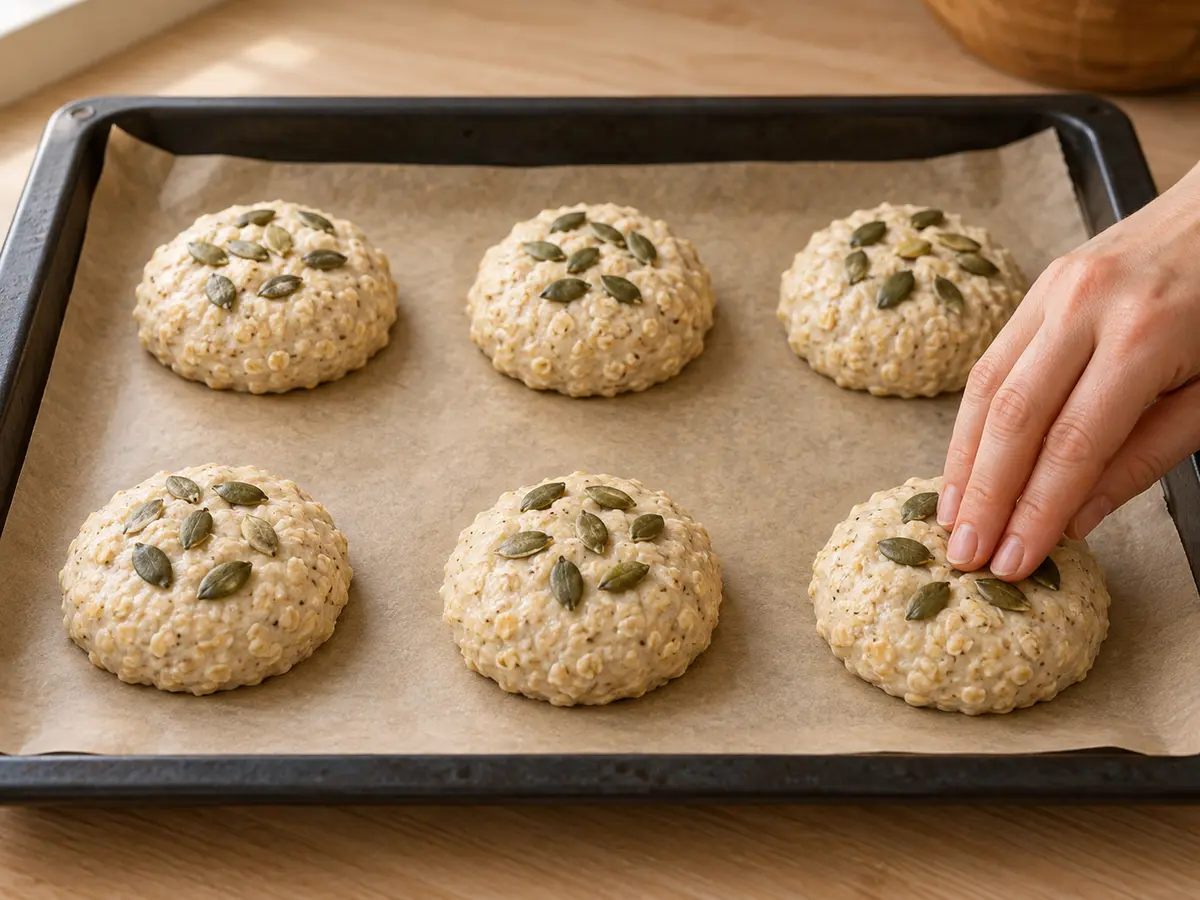 Six low, unbaked quark rolls with pumpkin seeds on a parchment-lined baking tray.