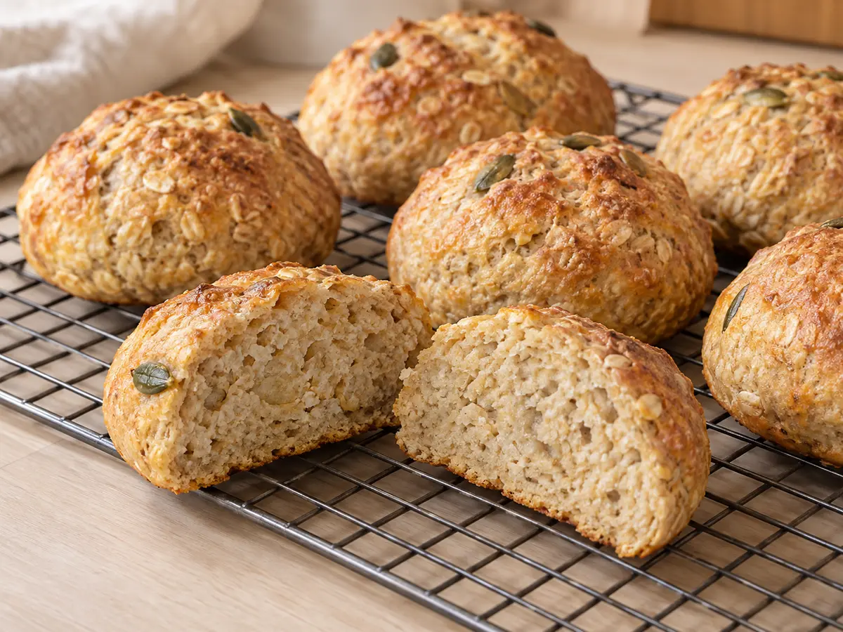 Golden quark rolls on a rack, with a sliced roll showing the compact oat crumb.