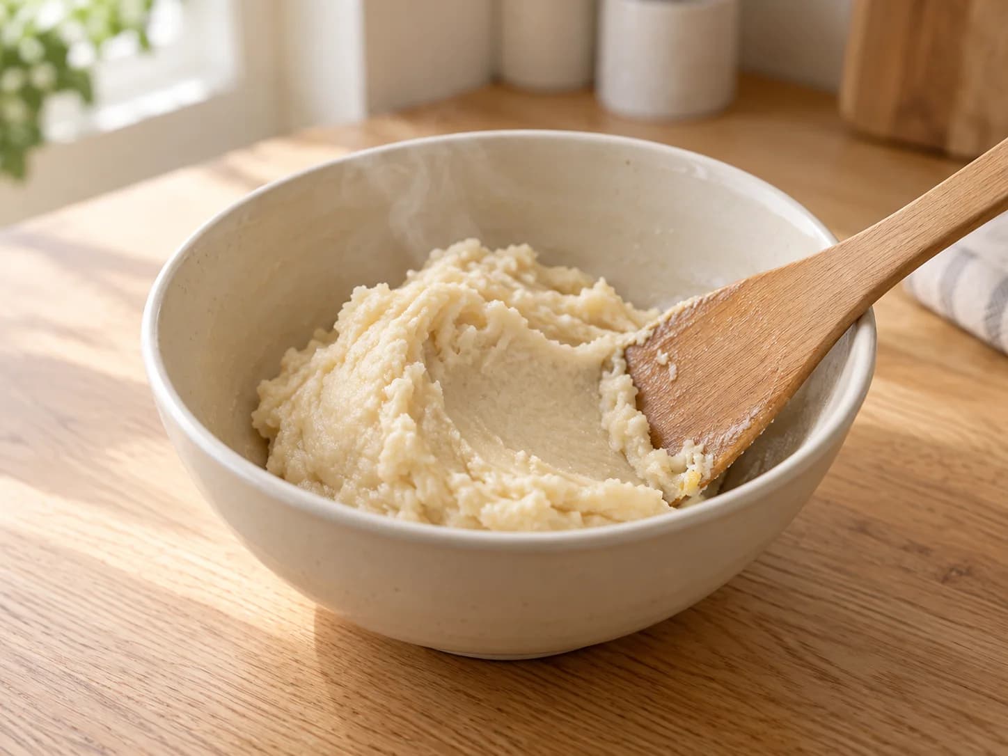 Feste Yudane-Paste in einer hellen Schüssel, mit einem Holzspatel an die Wand gedrückt.