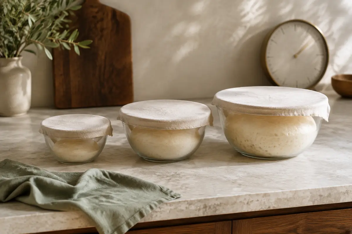 Tres cuencos de masa en fases sucesivas de fermentación junto a un reloj