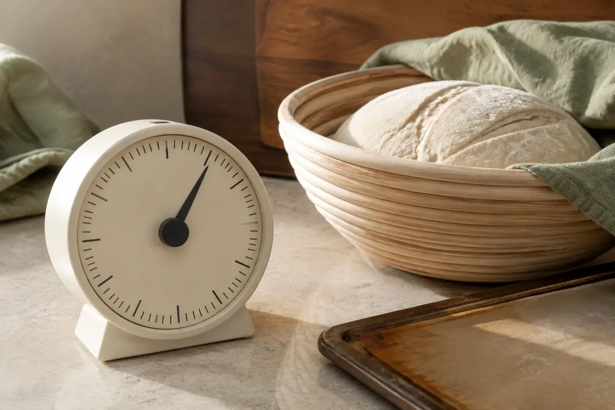 Temporizador de cocina junto a masa de pan en un banetón