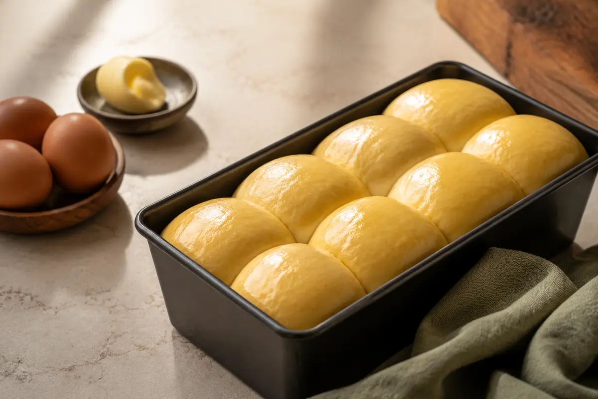 Masa de brioche brillante en un molde de pan con mantequilla y huevos