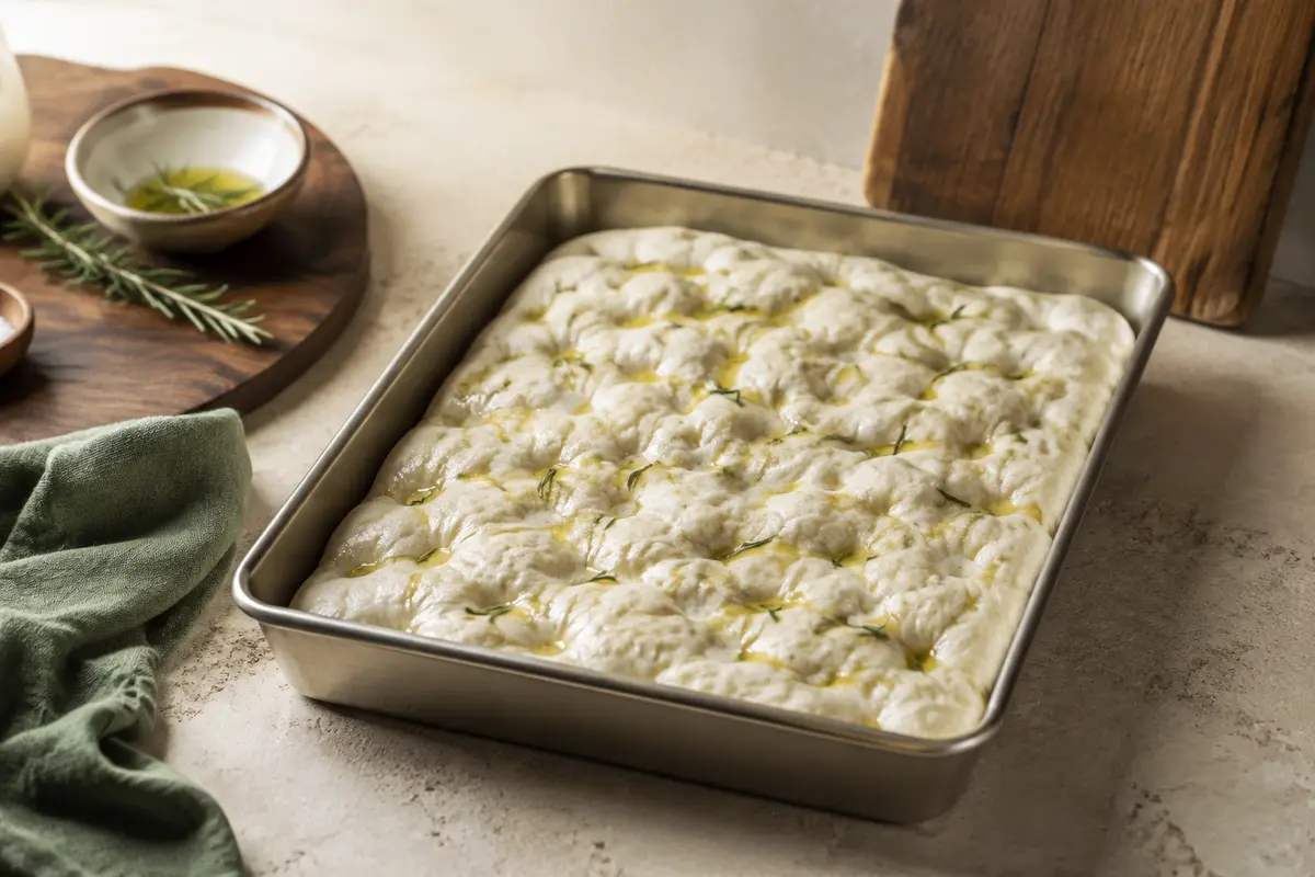 Masa aireada de focaccia con aceite de oliva en una bandeja rectangular
