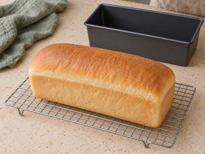 Een goudbruin gebakken brood koelt op een rooster met dezelfde lege broodvorm erachter