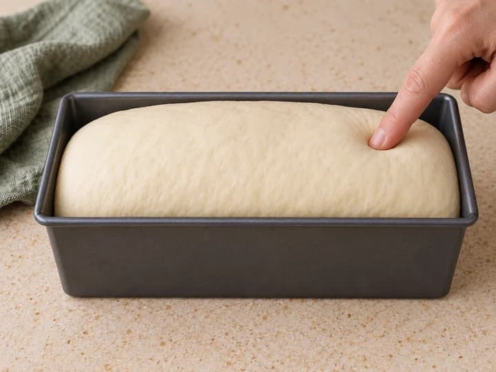 Een vinger drukt zacht in het luchtig gerezen deeg in de broodvorm