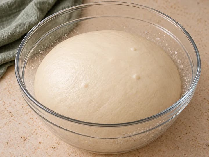 Luchtig gerezen deeg met een gladde bolle bovenkant in dezelfde glazen kom