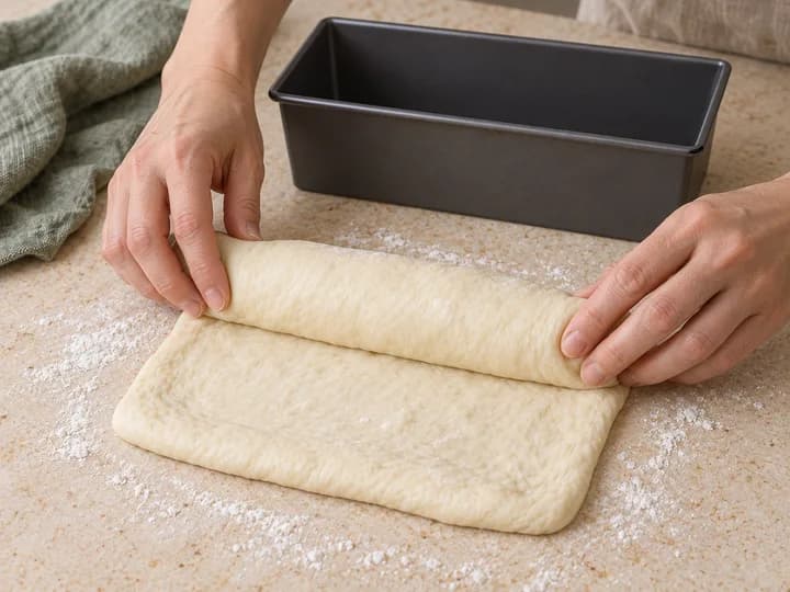 Handen rollen een rechthoek deeg op voor de donkere rechthoekige broodvorm erachter