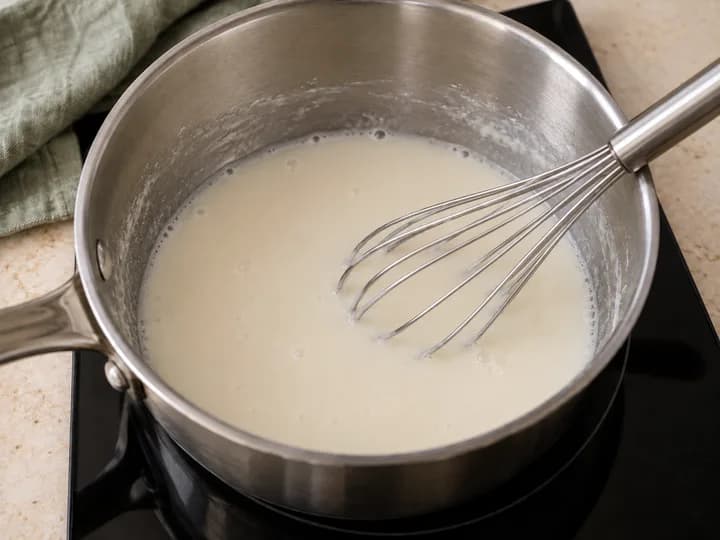 Koud bloem-watermengsel met een garde in een pannetje