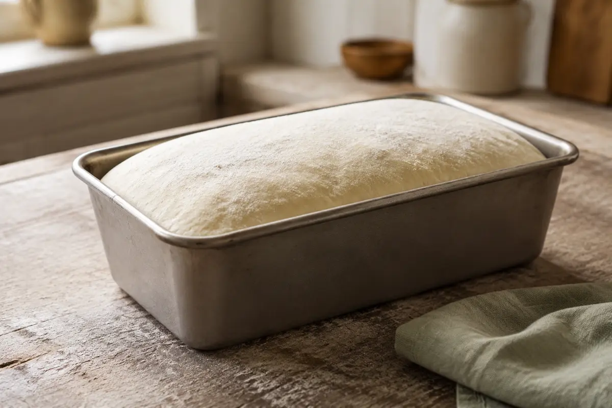Masa de pan fermentada en un molde rectangular
