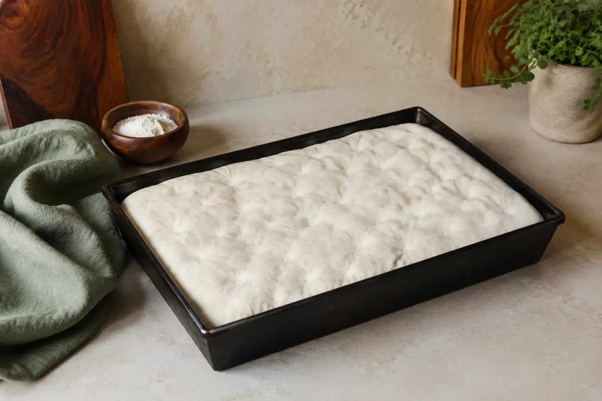 Masa de pizza fermentada que llena una bandeja rectangular oscura