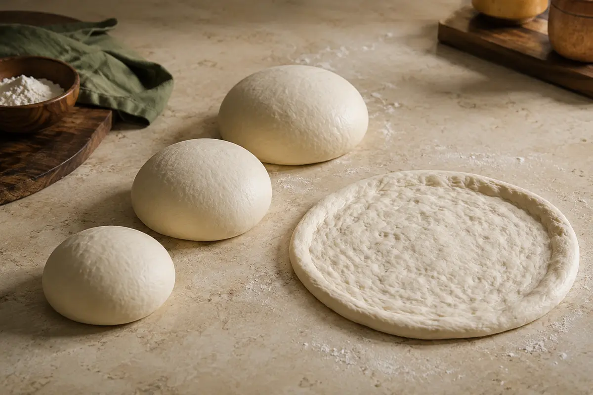 Tres bolas de masa junto a una base de pizza estirada