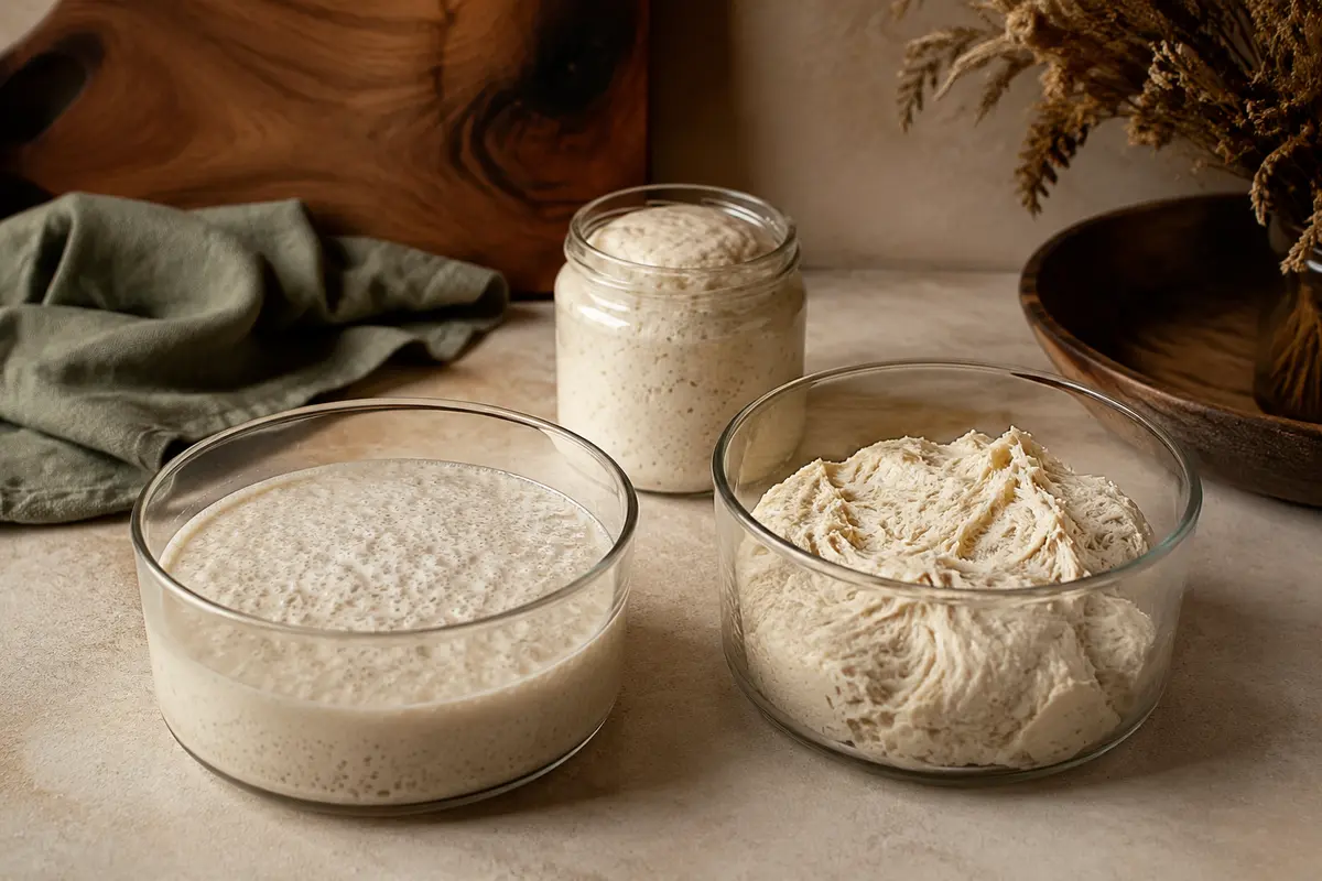 Poolish líquido, biga firme y levain activo colocados uno junto a otro