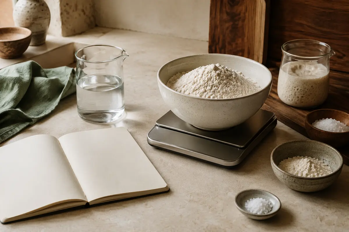 Ingredientes de repostería sobre una báscula junto a un cuaderno de recetas abierto