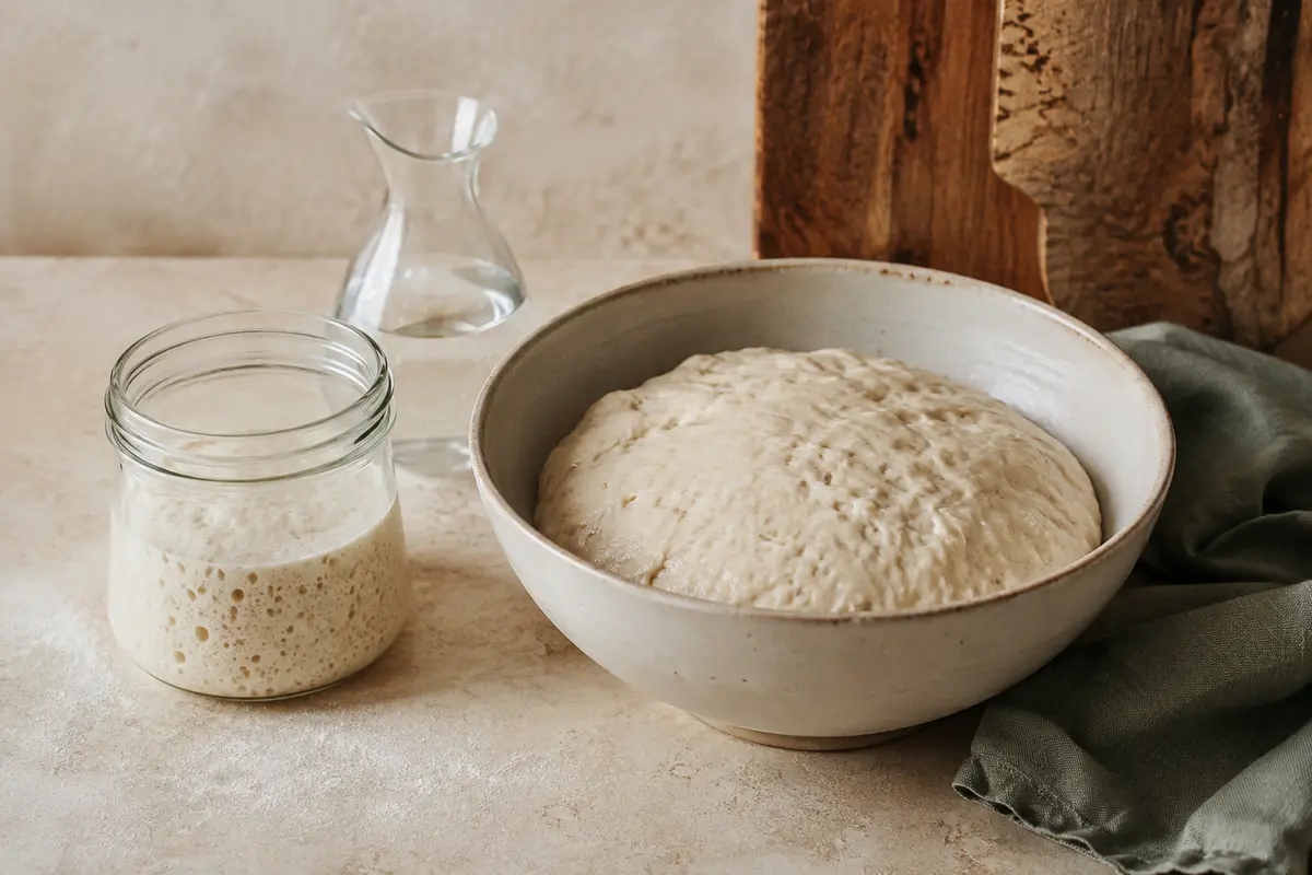 Masa madre activa junto a un cuenco de masa de pan flexible