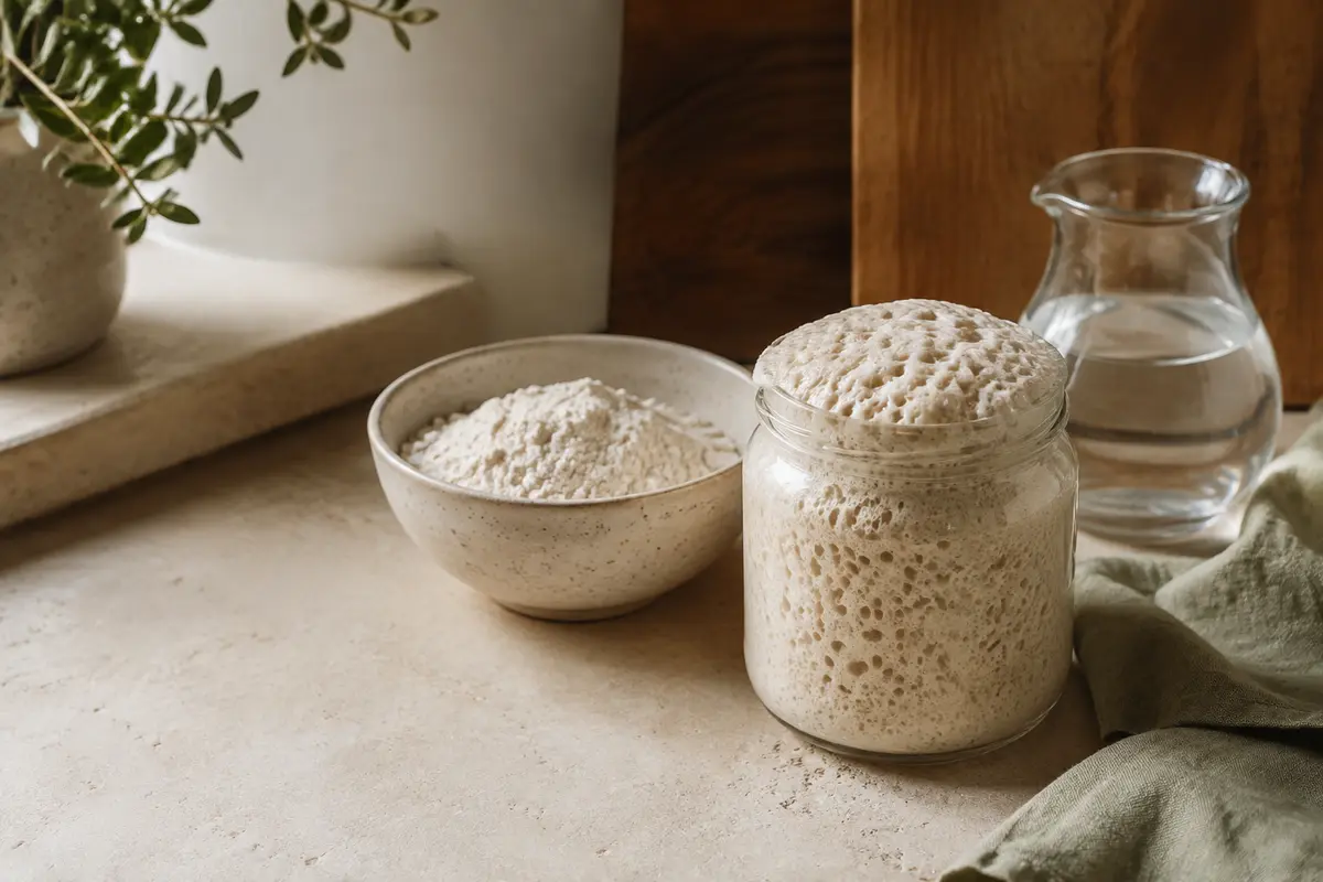 Levain activo en un tarro de cristal junto a harina y agua