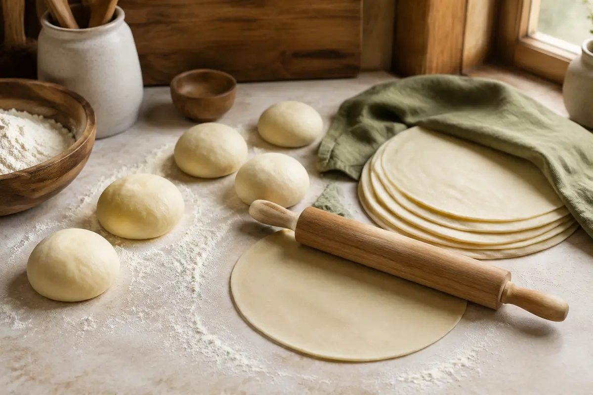 Bolas de masa y tortillas crudas estiradas muy finas