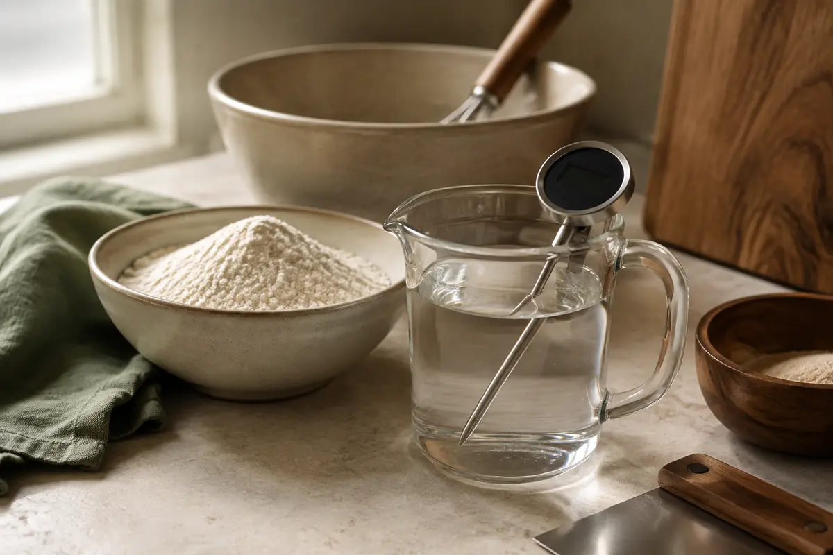 Termómetro de cocina en agua junto a harina y un cuenco